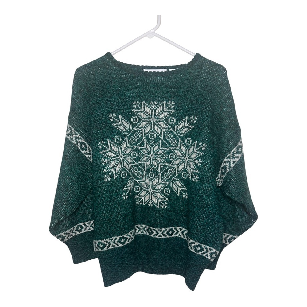Vintage Shetland Wool Green & White Knit Sweater M